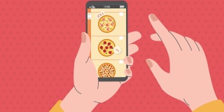 使用在线外卖订购披萨，2d平面动画。在智能手机上滚动送餐应用。餐厅经营理念。