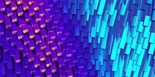 在蓝色背景上移动全息紫色立方体，时尚的最小三维循环动画，创意几何图案与彩虹方形形状，超现实的现代现代明亮的背景