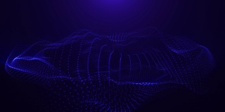 粒子波的科幻抽象主题。4k循环抽象紫色背景闪光粒子形成曲线，对称结构表面。数字背景与粒子全息图