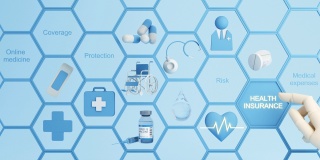 健康保险概念与文字覆盖，保护，风险，和安全在线医学上的虚拟屏幕和卡通木头手触摸一个按钮，孤立的蓝色背景3d渲染动画