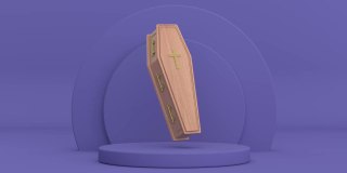 4k分辨率的视频:木制棺材与金十字和把手旋转在紫罗兰非常佩里圆筒产品舞台底座上的紫罗兰非常佩里背景循环动画