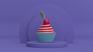 4k分辨率的视频:圣代冰淇淋纸杯蛋糕与樱桃旋转在紫罗兰非常佩里圆筒产品舞台底座上的紫罗兰非常佩里背景循环动画视频素材模板下载