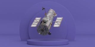 4k分辨率的视频:太空望远镜哈勃旋转在紫色Very perii圆筒产品舞台底座上紫色Very perii背景循环动画