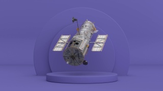 4k分辨率的视频:太空望远镜哈勃旋转在紫色Very perii圆筒产品舞台底座上紫色Very perii背景循环动画视频素材模板下载