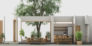 咖啡厅简约风格采用木质材料和逐渐白色的色调。由动画制作，包含一个柜台咖啡机，家具和大窗户。3d渲染动画循环立面