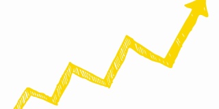 动画财务增长图表与趋势线图。黄色箭头图标。经济增长条形图。手绘矢量插图孤立在白色背景上。