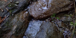 一条小溪从岩石上流过。春天来了，雪正在融化。冬天过后大自然的复兴