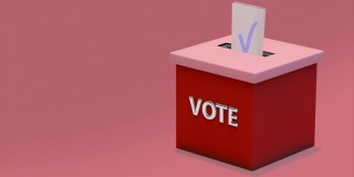 循环录像。带蓝色勾号的选票在红色背景的红色投票箱里飞舞。盒子里的选票。3 d渲染。理念:政治、选择、全民公决、民主、共和、