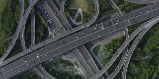 鸟瞰多层次环路交叉口复杂路线。交通流的十字路口。汽车运输，公路绿化。空中电影4 k