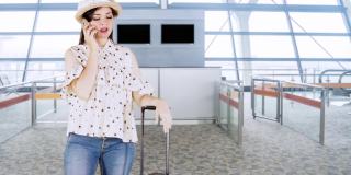 女性旅客站在机场候机楼拿着行李箱打手机