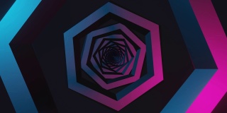 六角形科幻未来隧道，霓虹灯照亮黑暗空间。抽象动画黑暗空间与几何结构
