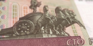俄罗斯卢布的极端细节俄罗斯货币- 100?俄罗斯卢布-印钱- 4K -俄罗斯联邦货币股票视频-俄罗斯卢布纸币的多莉镜头