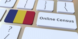 在线人口普查文本和罗马尼亚的旗帜在键盘上。概念3 d动画