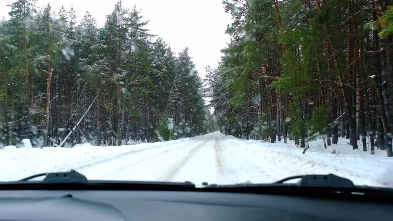 冬天下雪的时候，一条被雪覆盖的狭窄公路穿过一片松树林。从车内看，雪花正飞入挡风玻璃，雨刷正在工作。季节性的行车安全。慢动作