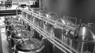 民营小型啤酒厂精酿啤酒生产线。现代化的啤酒厂，用不锈钢制造的酿酒壶、管和罐视频素材模板下载