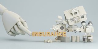 三维渲染保险公司完整的保险概念。保险和保险，汽车，房地产和财产，旅游，财务，健康，家庭和生活。在蓝色背景3d动画循环
