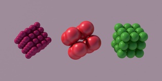 紫色，红色，绿色抽象立方体，米色背景。动画、3 d渲染。