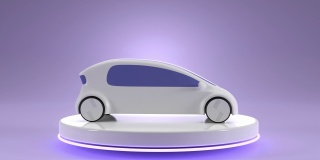 电动汽车与未来设计的圆形发光平台在展厅。以氢燃料电池为主题的汽车，环保交通工具在车展或车展上的展示，3d渲染动画