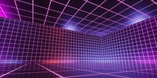 循环的三维动画，抽象的几何背景，旋转的虚拟现实中的网格空间。旋转的空房间闪烁着粉蓝色的霓虹灯