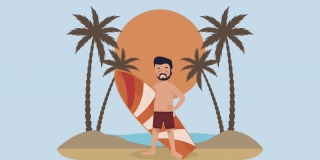 冲浪男子与橙色冲浪板海滩的场景