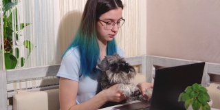 在一个家庭办公室里，一个女学生和她的狗正在笔记本电脑上打字。这只狗正在键盘上打字。十几岁的女孩在家学习。家庭办公室的概念。Z一代概念