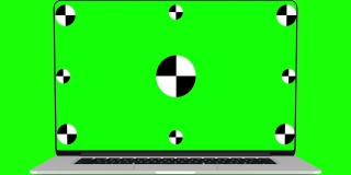 笔记本电脑在绿色背景的绿色屏幕上流畅地打开。3d电脑与色度键的模型。计算机技术的概念。3 d渲染。