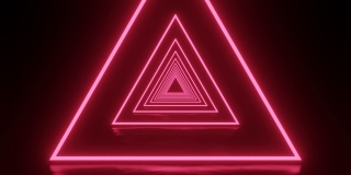 动画飞行在抽象的未来隧道粉红色霓虹灯三角形。无缝循环科幻运动图形