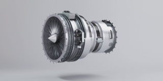 发动机涡轮循环动画3D。工业产生的工程涡轮机概念。无缝的旋转