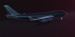 客机线框旋转的3D动画。无缝循环。