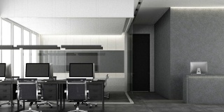 在现代办公室照明墙前，有一个灰色大理石接待台，上面放着笔记本电脑。墙壁设计混凝土和灰色瓷砖地板上的会议室。3 d渲染、动画
