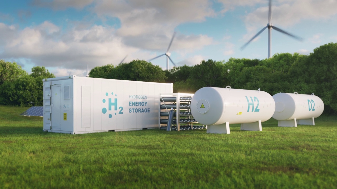 一个基于电解氢的能源存储系统的概念，在绿色葱郁的环境中有光伏，风力发电场。3 d渲染剪辑。