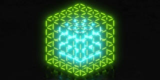 区块链概念上的Nft令牌数据。发光的绿色霓虹灯立方体循环3d动画