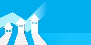三个白色箭头和蓝色背景上的属性图标。房地产投资回报的概念。