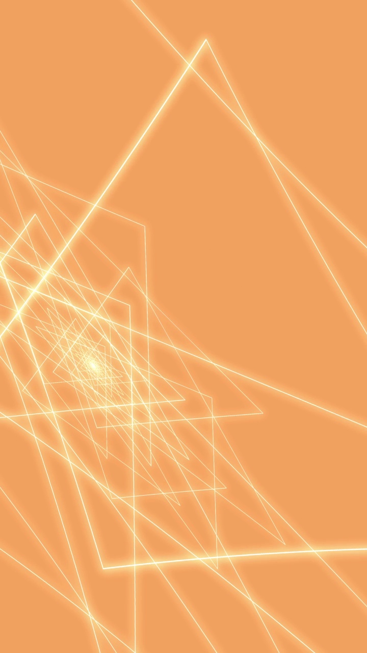 抽象数字霓虹几何背景。垂直4K未来闪闪发光的动画模式，改变线方向橙米色。技术和网络概念与复制空间。
