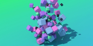 一群粉、紫、蓝、绿、黑的立方体飞起来。抽象动画，3d渲染。