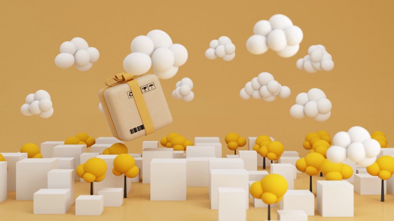 一个礼品盒漂浮在低多边形云的村庄中。送至目的地速递概念节日礼品递送黄色背景3d渲染动画