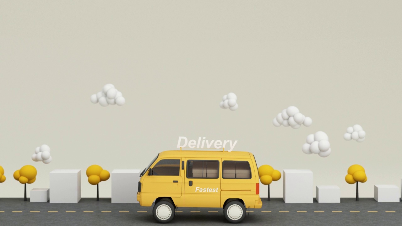 电子商务概念，移动应用上的送货服务，道路上的货车和卡车送货，房屋盒、树和云低多边形，黄色调3d渲染动画