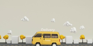 电子商务概念，移动应用上的送货服务，道路上的货车和卡车送货，房屋盒、树和云低多边形，黄色调3d渲染动画