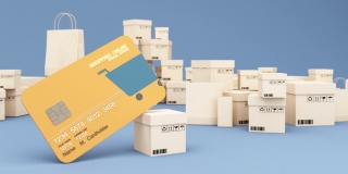 网上购物的概念与购物袋，纸箱，盒子，网上购物设计在模板上模拟黄色银行信用卡孤立在蓝色背景3d渲染插图动画