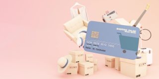 概念网上购物购物与购物袋，纸箱，盒子，相机，吉他，gadget，家具，网上购物设计的模板模拟蓝色银行信用卡在粉红色的背景3d渲染