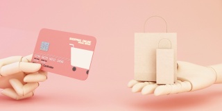 近木卡通手握购物网上卡设计模板模型银行信用卡与购物袋换钱商品在粉红色背景3d渲染动画循环