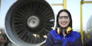 女飞机工程师的肖像，双臂交叉在飞机喷气发动机前
