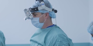 外科医生在现代化的手术室里准备手术，系无菌衣。医生配备口罩、医用头灯、手术放大镜