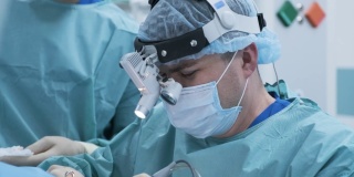 手术切除扁桃体，扁桃体切除术。在现代临床中，在深度麻醉下，使用最新的设备，病人切除腺体，冷等离子法，割喉肿胀，医生工作与新的探针，医用头灯，手术放大镜