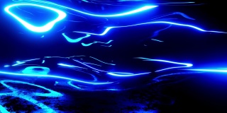 曲面。穿过蓝色霓虹图案的镜面隧道，辉光结构形成科幻图案。霓虹灯反射明亮。简洁明亮的背景，科幻的结构。4k几乎绕圈bg