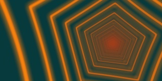 摘要数字霓虹五边形隧道背景。模糊未来闪闪发光的动画模式，向前移动与深绿色和橙色。技术和网络概念与复制空间