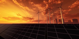 太阳能电池板的3D动画在大型风力涡轮机的背景。风车。清洁能源、绿色能源、可再生能源的概念。替代能源的概念。