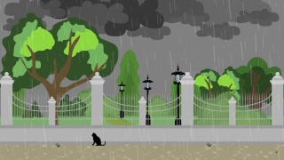 在城市公园里，一只孤独的黑猫被雨淋湿了视频素材模板下载