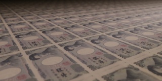 1000日元纸币在印钞机上。印钞的视频。