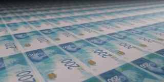 以色列200谢克尔钞票印在印钞机上。印钞的视频。